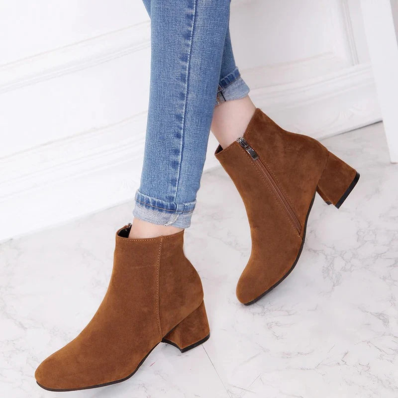Suede Ankle Boots | Side Zip & Low Block Heel