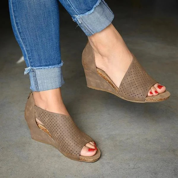 Womens Open Toe Slip On Cutout Heels Wedge Sandals