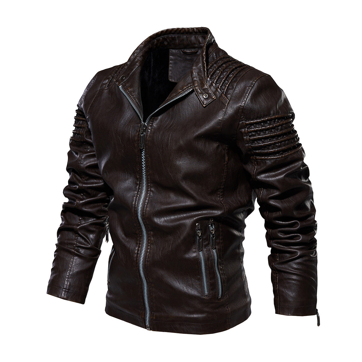 Faux Leather Biker Jacket with Padded Shoulders