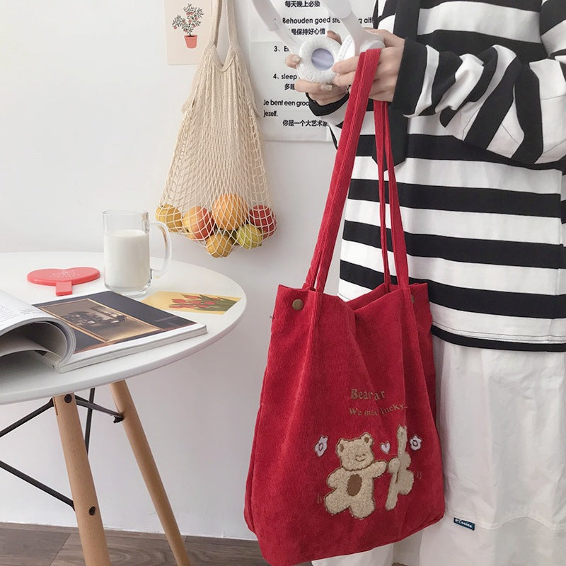 Women's Casual Corduroy Tote Bag with Embroidered Detail