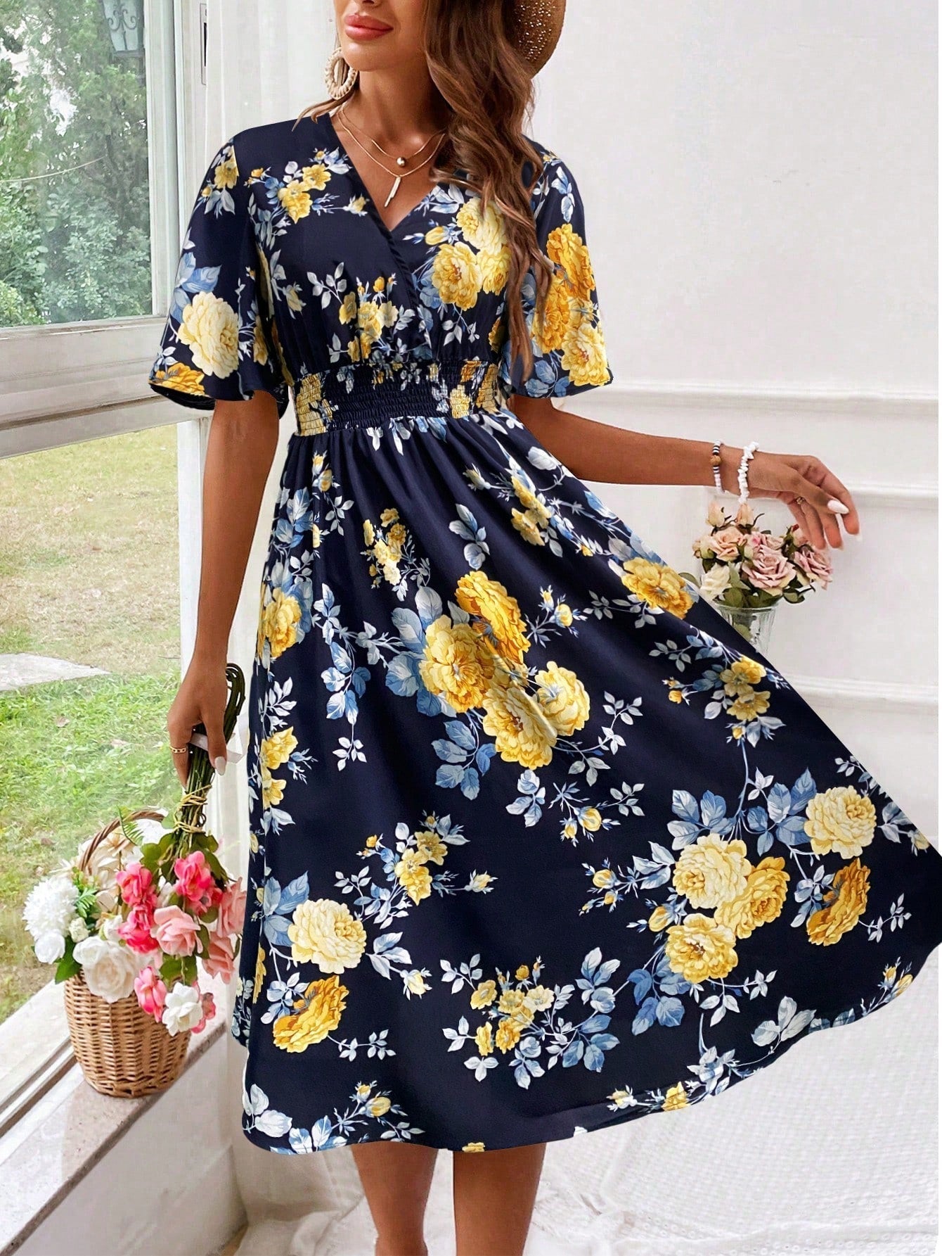Pretty Floral V Neck Sundress