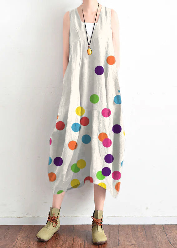 Women's Sleeveless Summer Dress White Polka Dot V Neck Lightweight - OutfitLondon