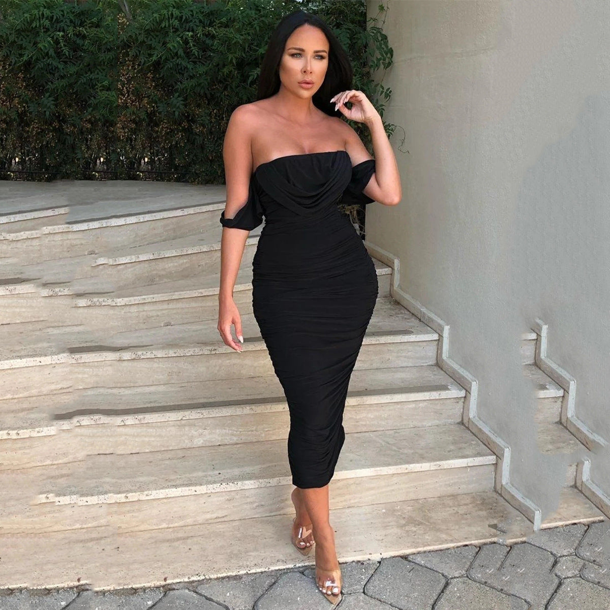 Sexy Ruched Bodycon Midi Dress for Women