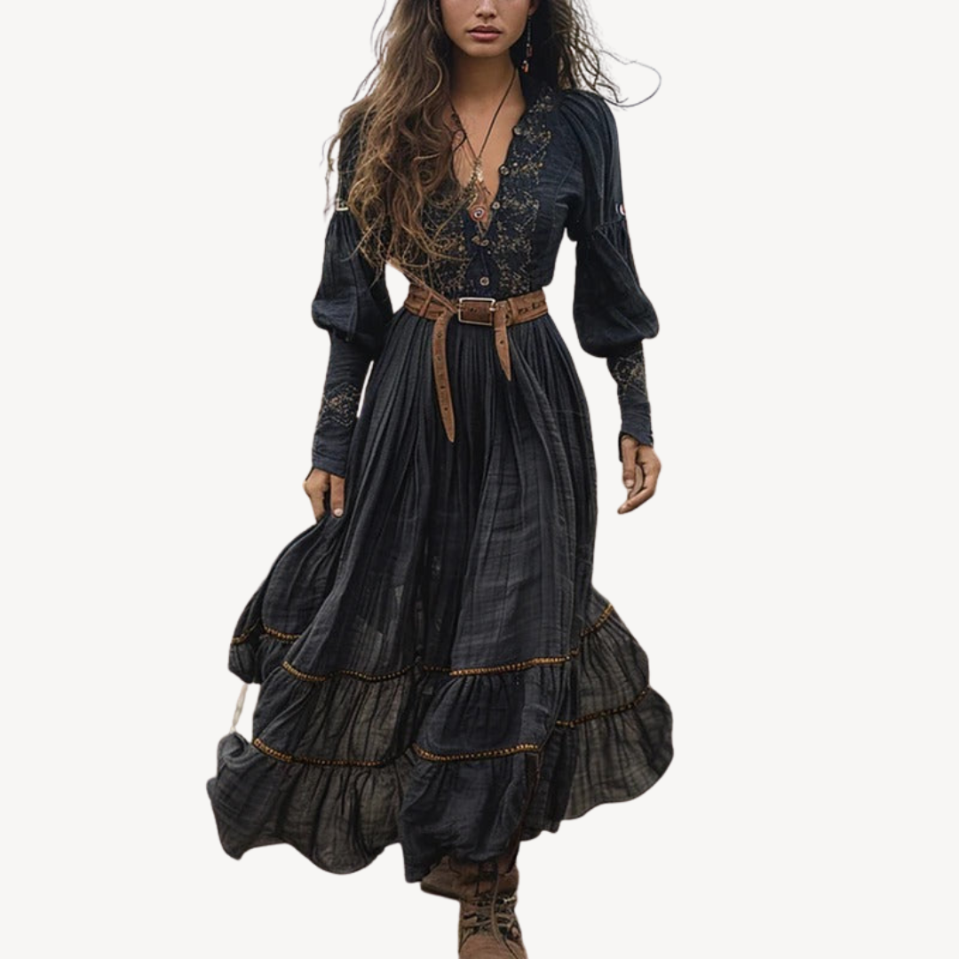 Vintage Floral Long Summer Dress with Waist Belt - OutfitLondon