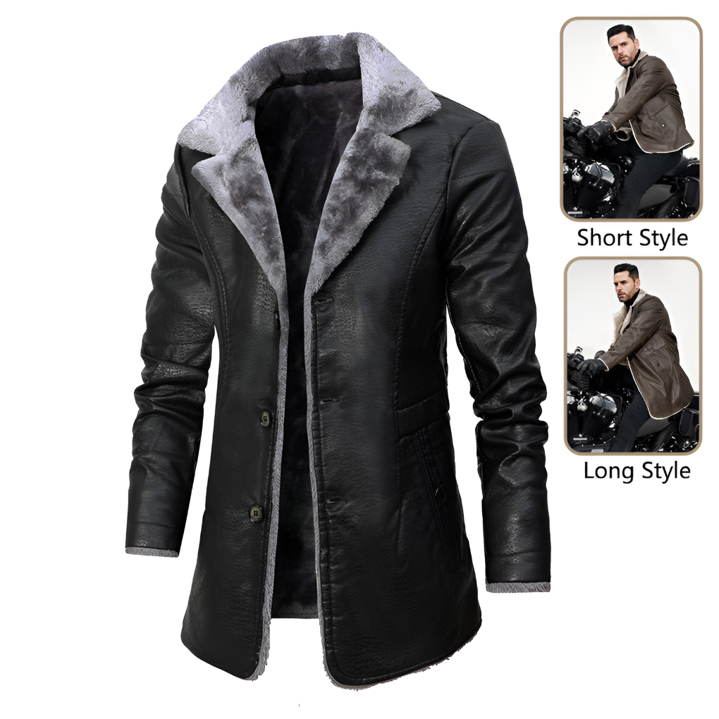 Men's Synthetic Leather Trench Coat with Fuzzy Collar