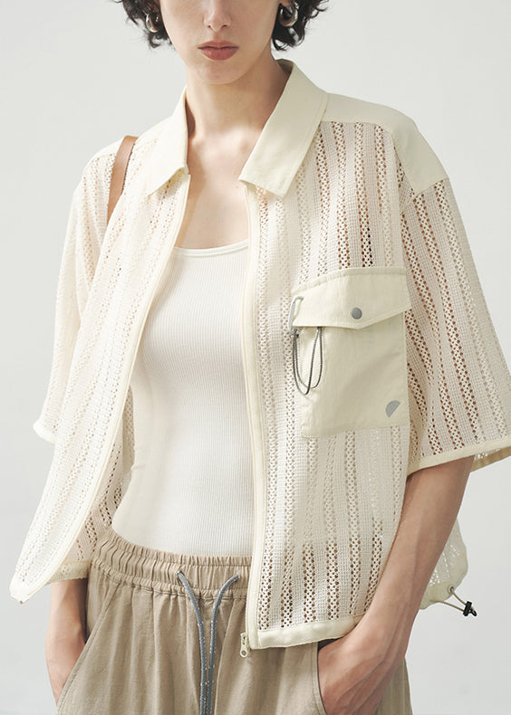Women's Casual Cotton Blend Zip Jacket Short Sleeve Beige - OutfitLondon