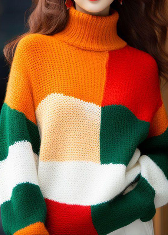 Women's Turtleneck Sweater Soft Knit Color Block Design - OutfitLondon