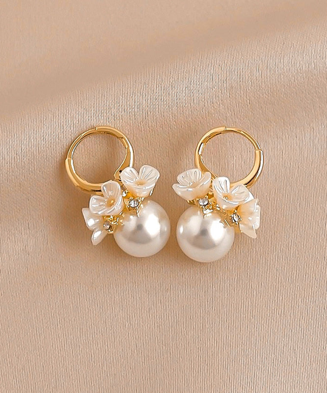 Women's Copper Hoop Earrings Gold Floral Zircon Pearl - OutfitLondon