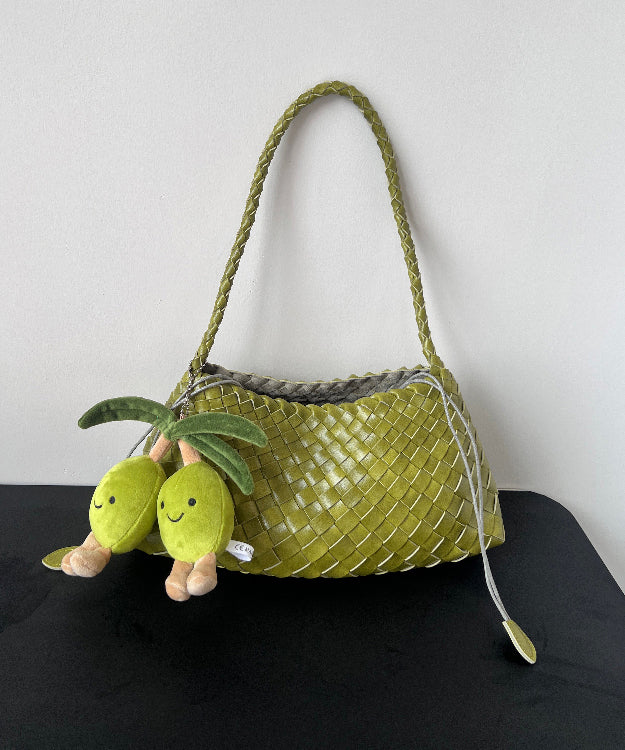 Green Faux Leather Shoulder Bag Durable Basket Weave Texture - OutfitLondon