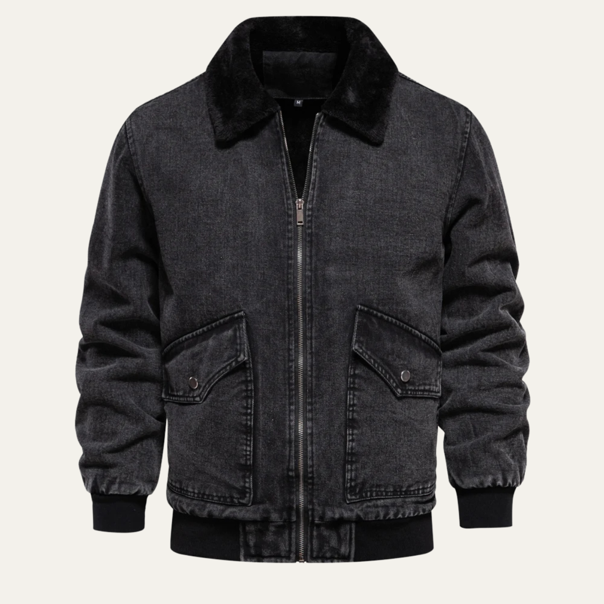 Men's Distressed Blue Bomber Jacket with Fake Fur Trim