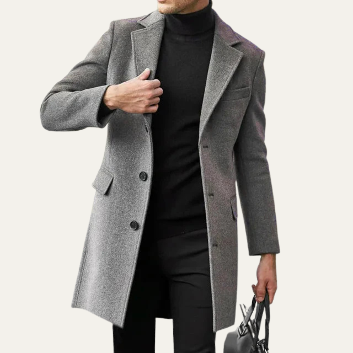 Classic Slim Fit Black Wool Overcoat