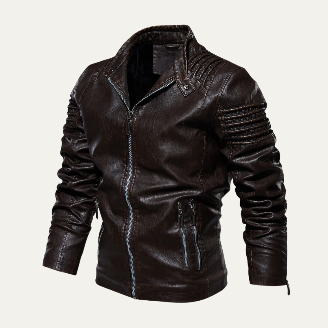 Men's Padded Leather Biker Jacket with Zip Collar