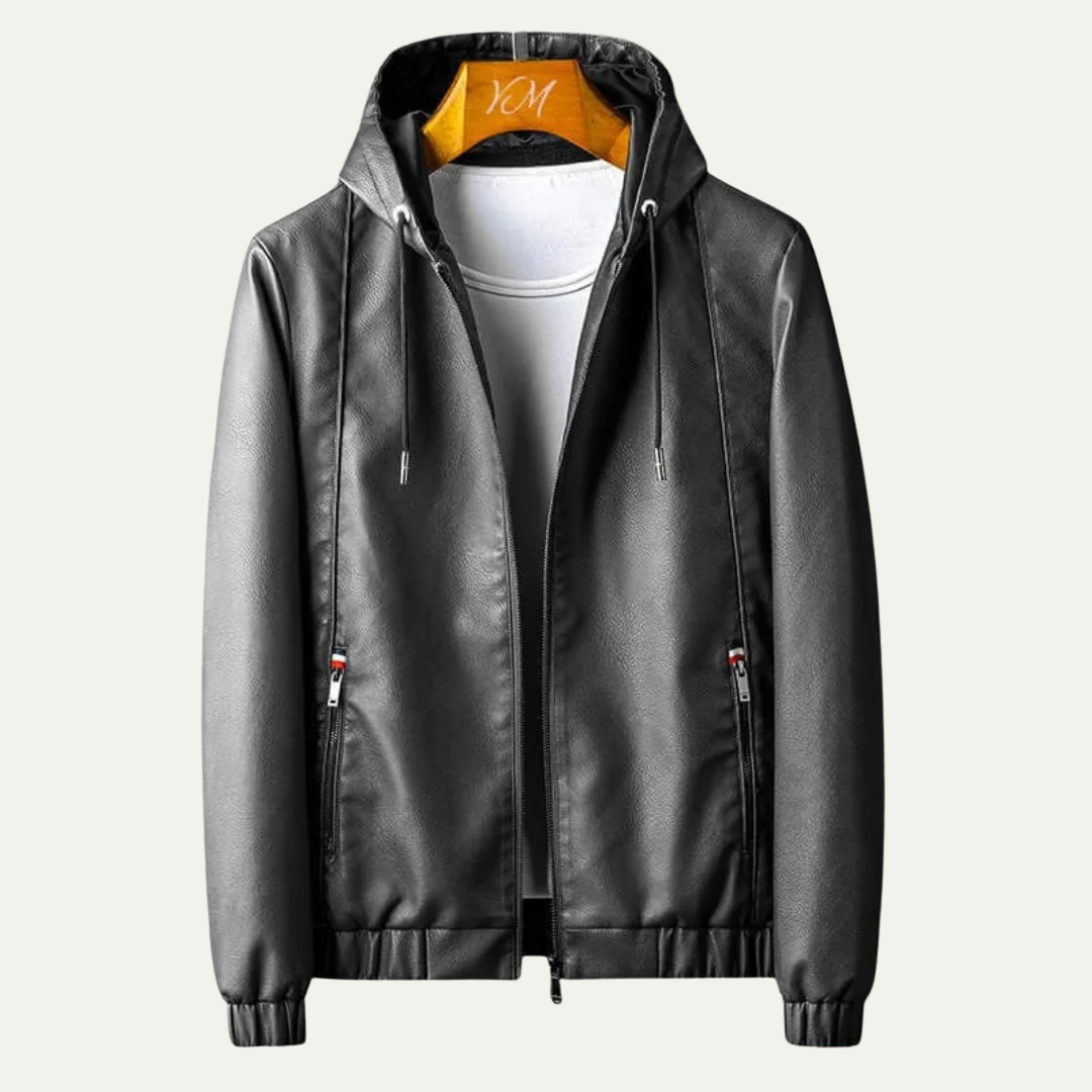 Men's Textured Synthetic Leather Hoodie Coat