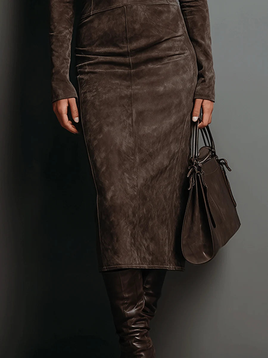 Luxurious Suede Mid Length High Neck Dress