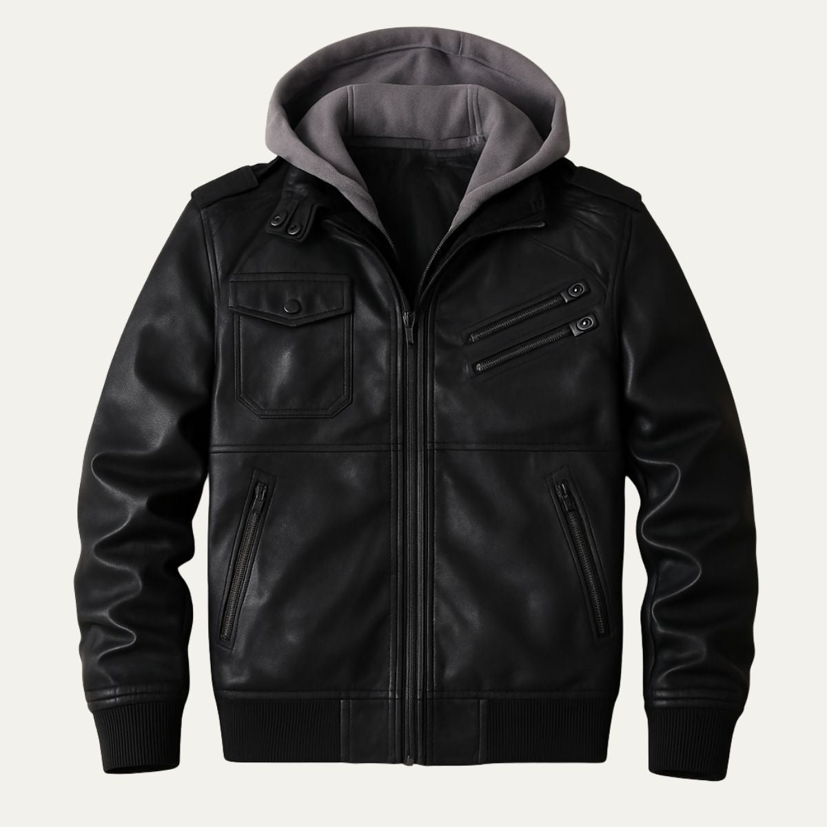 Premium Leather Men's Hooded Bomber Jacket