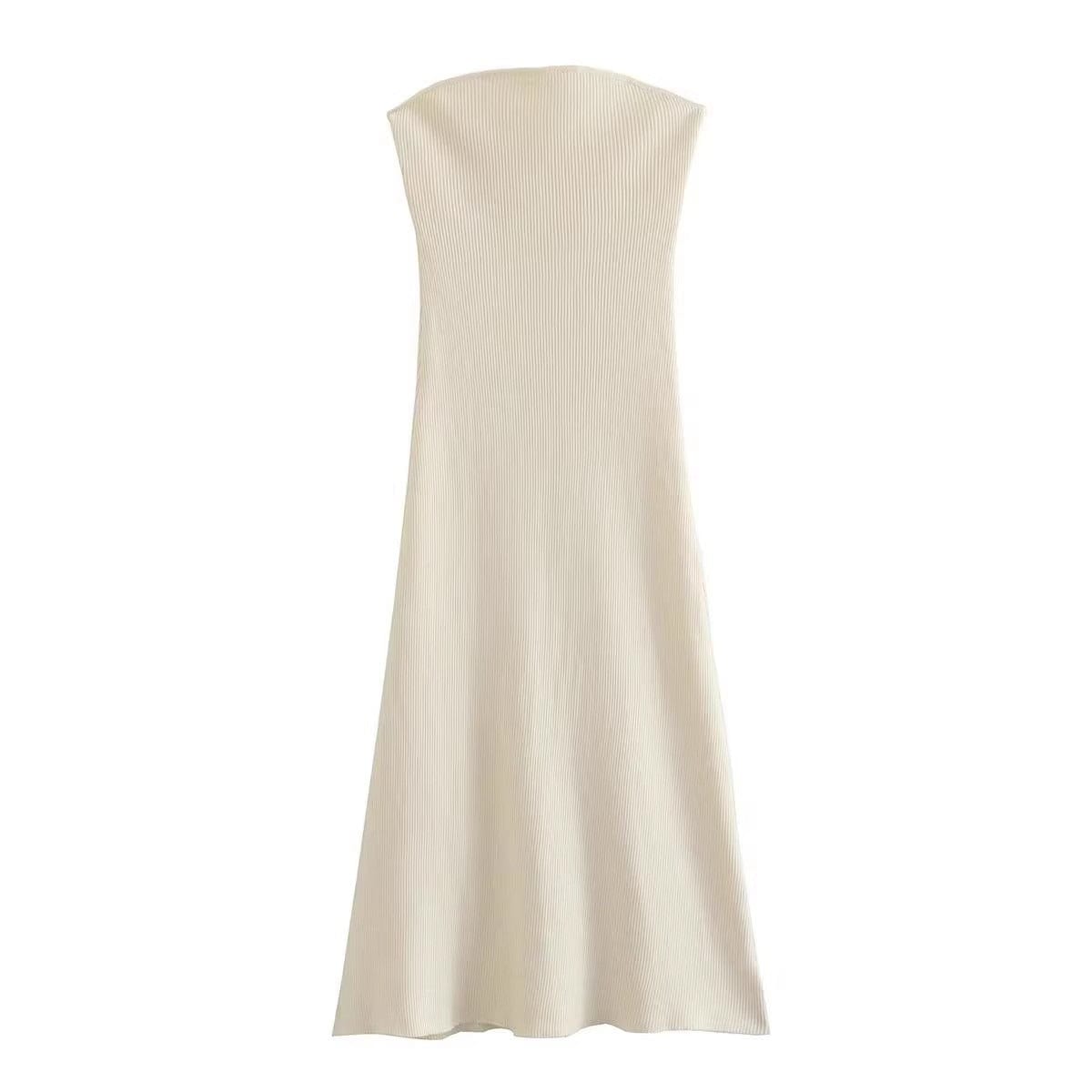 Women's Comfortable Strapless Fitted Tea Dress Beige - OutfitLondon