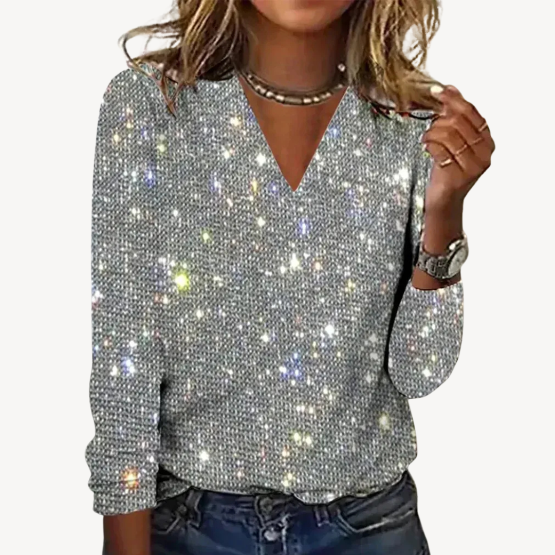 Glittery Deep V Neck Long Sleeve Women's Top