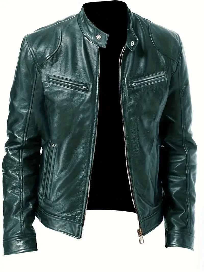 Slim Fit Synthetic Leather Biker Jacket For Men