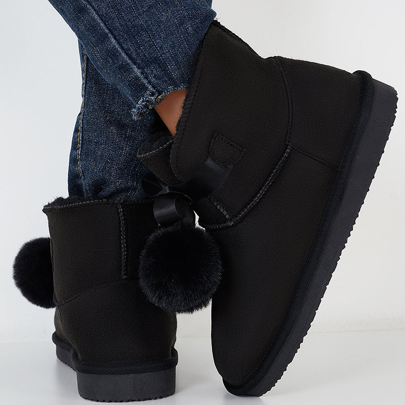 Winter Snow Boots Faux Fur Lined Pompom Slip on Warm Ankle Boots