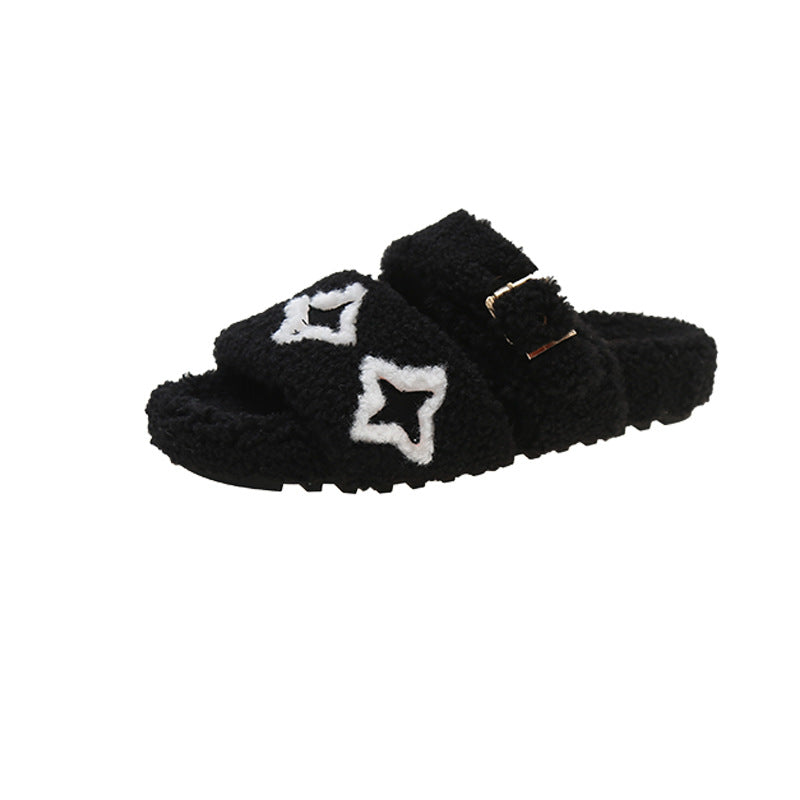 Open Toe Fluffy Slippers Faux Fur Lining Soft Footbed Shoes