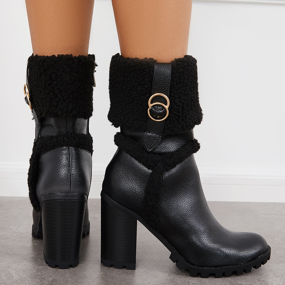 Fur Lined Ankle Snow Boots Side Zipper Chunky Heel Booties