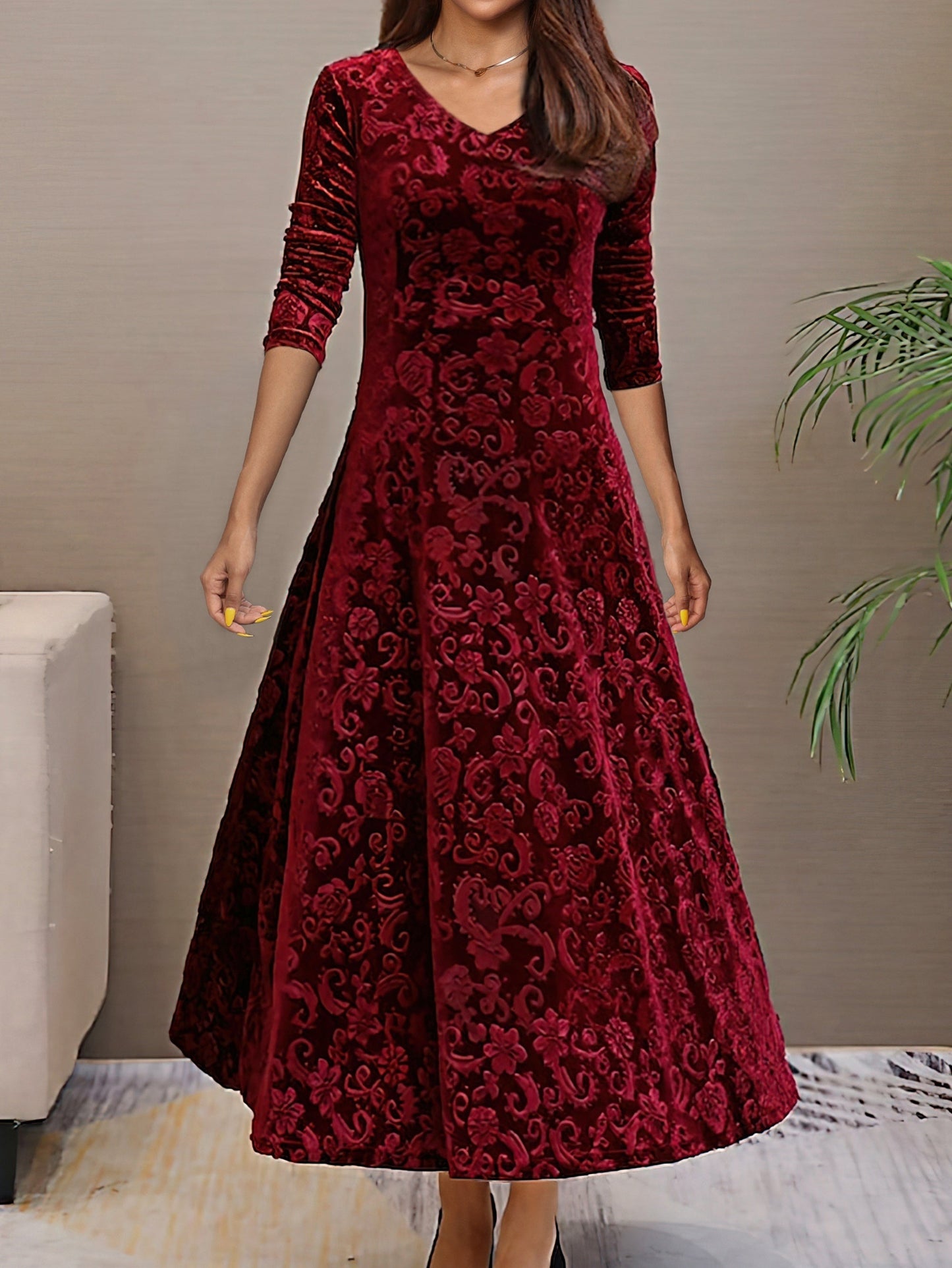 Luxurious Ladies Velvet Floral Formal Gown Dress