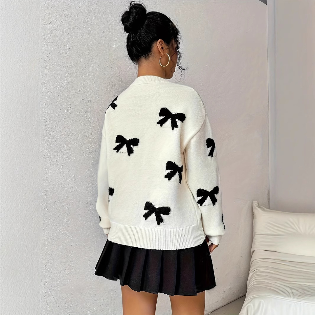 Cozy Bow Pattern Crew Neck Sweater