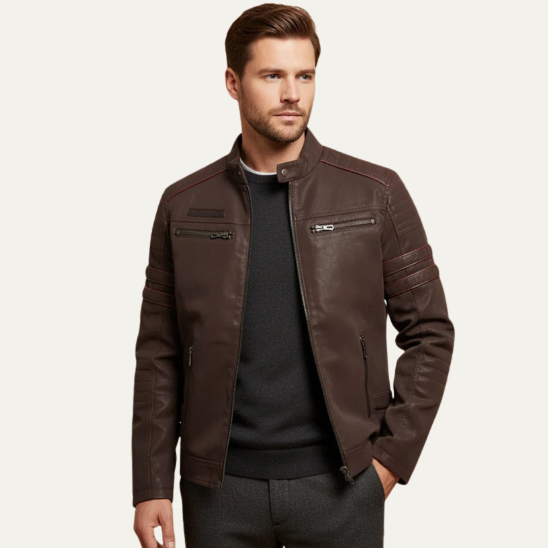 Men's Synthetic Leather Biker Jacket with Padded Details