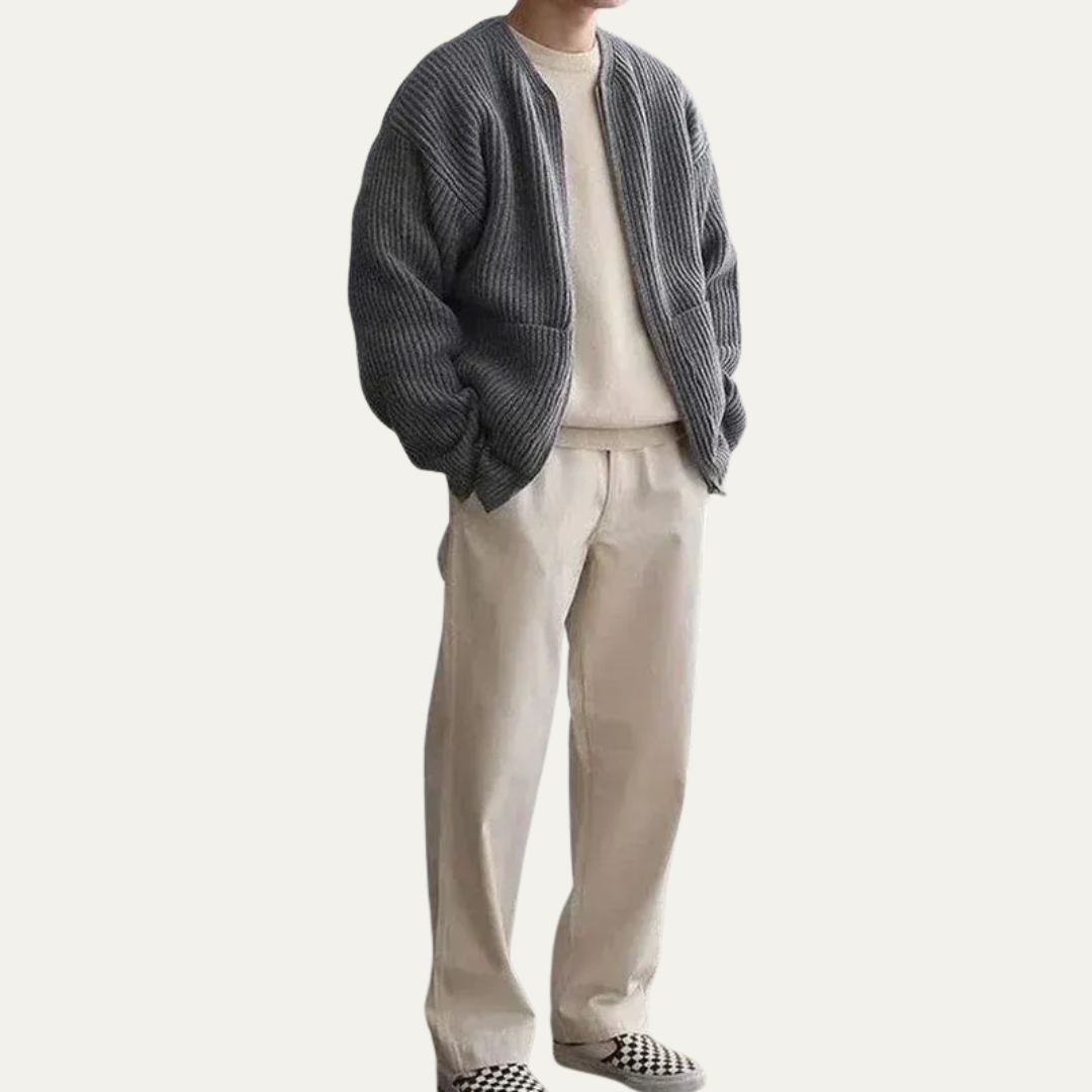 Thick Textured Crew Neck Cardigan Sweater
