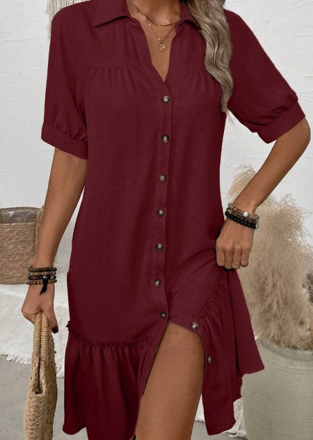 Women's Elegant Button-Up Ruffle Hem Dress