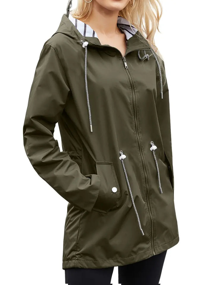 Rainproof Ladies Coat With Hood And Pockets