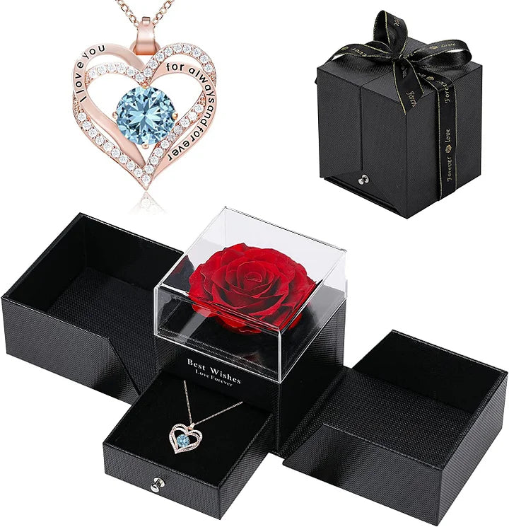 Preserved Real Rose With Forever Love Heart Necklace Gift Set