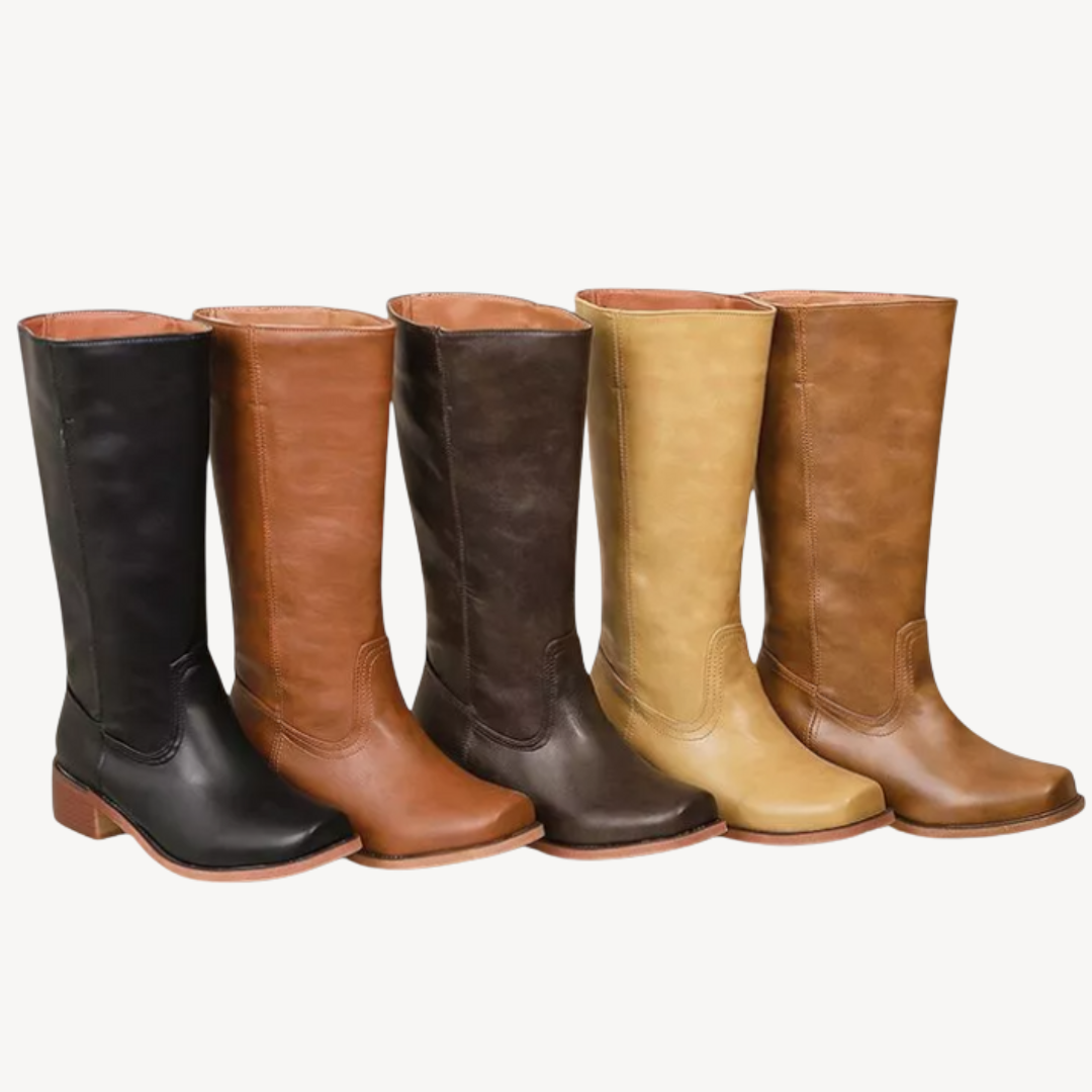 Comfortable Leather Knee High Boots with Low Block Heel