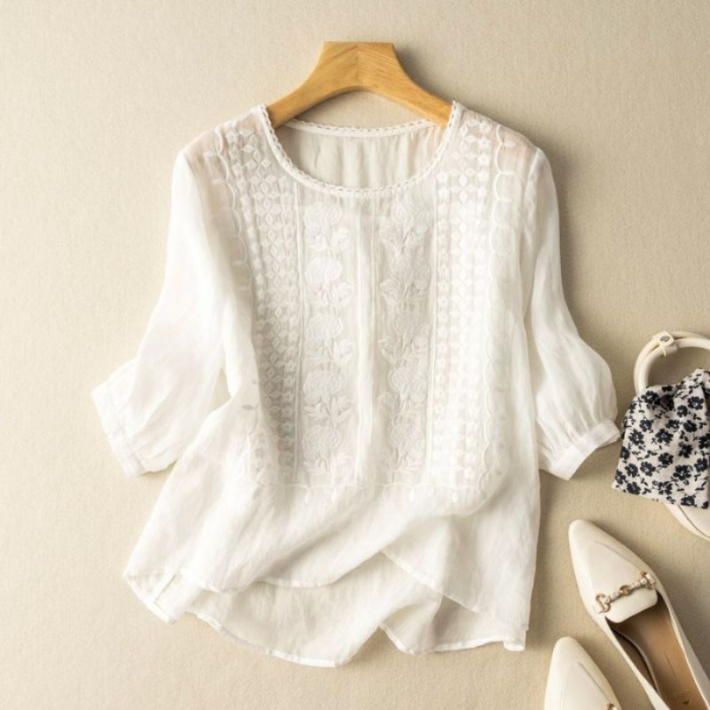 Casual Loose Fit Embroidered Blouse with Puff Sleeves