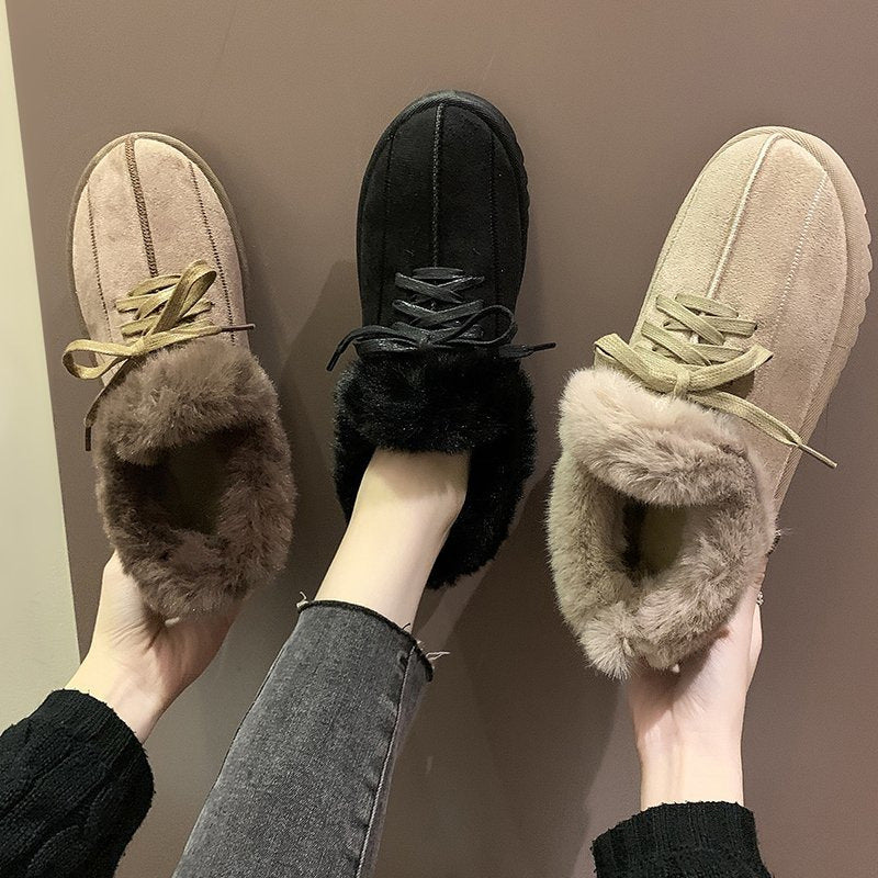 Warm Lace Up Flats Plush Faux Fur Lined Snow Ankle Boots
