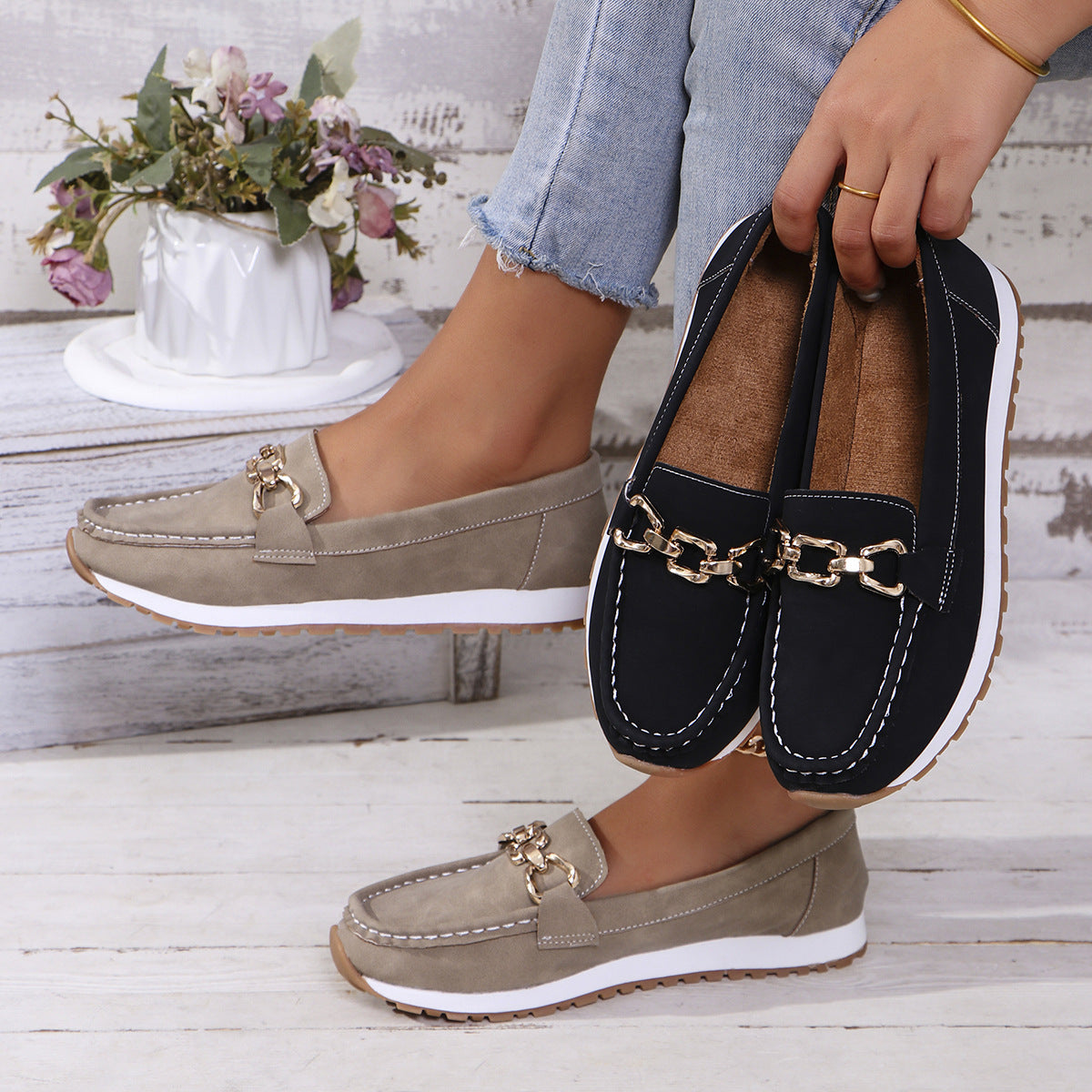 Orthopedic Suede Loafers Women Chain