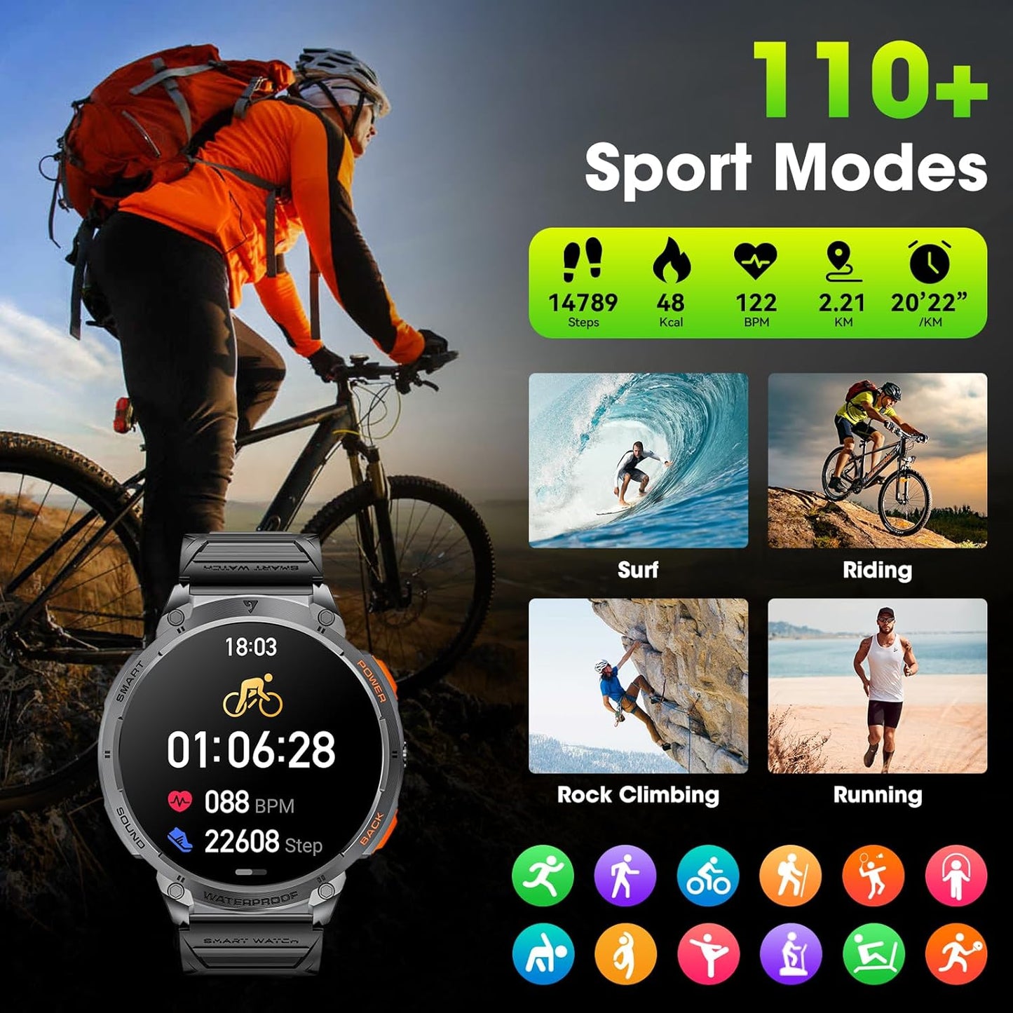 Tactical Mens Smartwatch with HD Display and LED Light