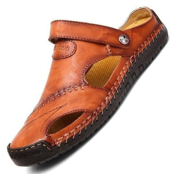 Men's Summer Hand Stitching Soft Outdoor Closed Toe Leather Beach Sandals Slippers