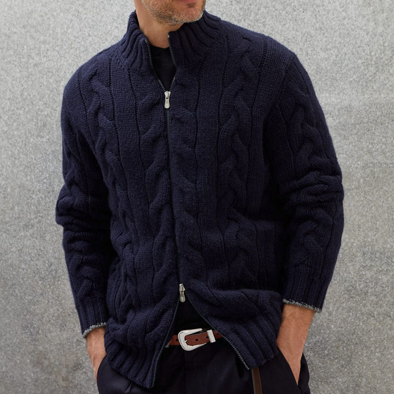 Traditional Mens Thick Knit Zip Up Sweater - OutfitLondon