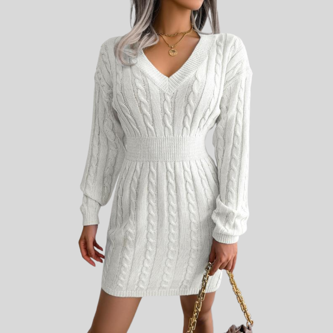 Soft Cable Knit V-Neck Sweater Dress for Women