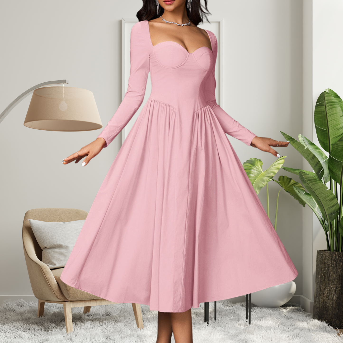 Chic V Neck Long Sleeve Maxi Dress
