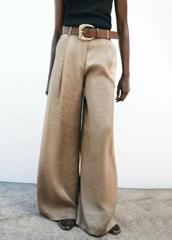 Women's Wide Leg Pants Silk Blend Lightweight Beige - OutfitLondon