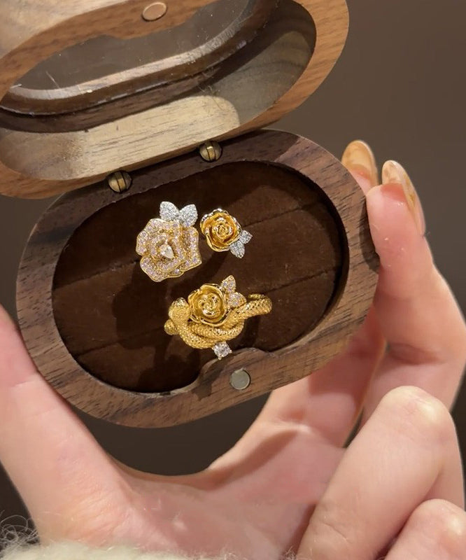 Women's Floral Snake Ring Set Antique Gold Zircon - OutfitLondon
