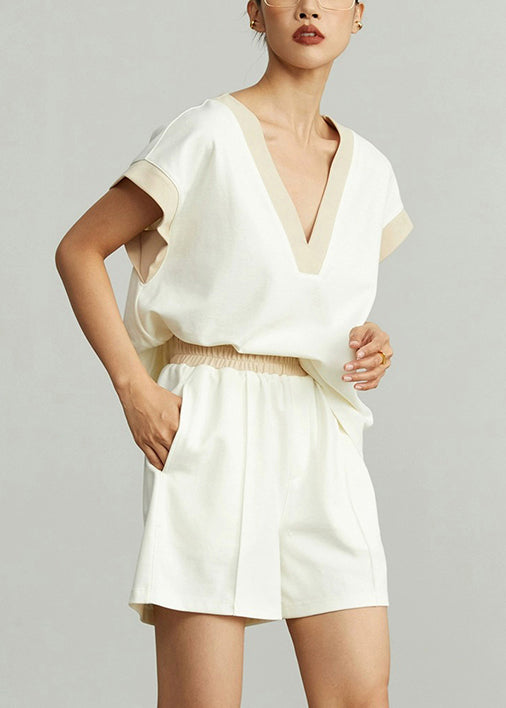 Women's Cotton Two Piece Set V Neck T Shirt Apricot Shorts - OutfitLondon