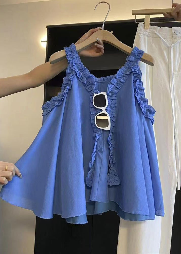 Women's Cotton Sleeveless Blouse Ruffled Lightweight Blue - OutfitLondon