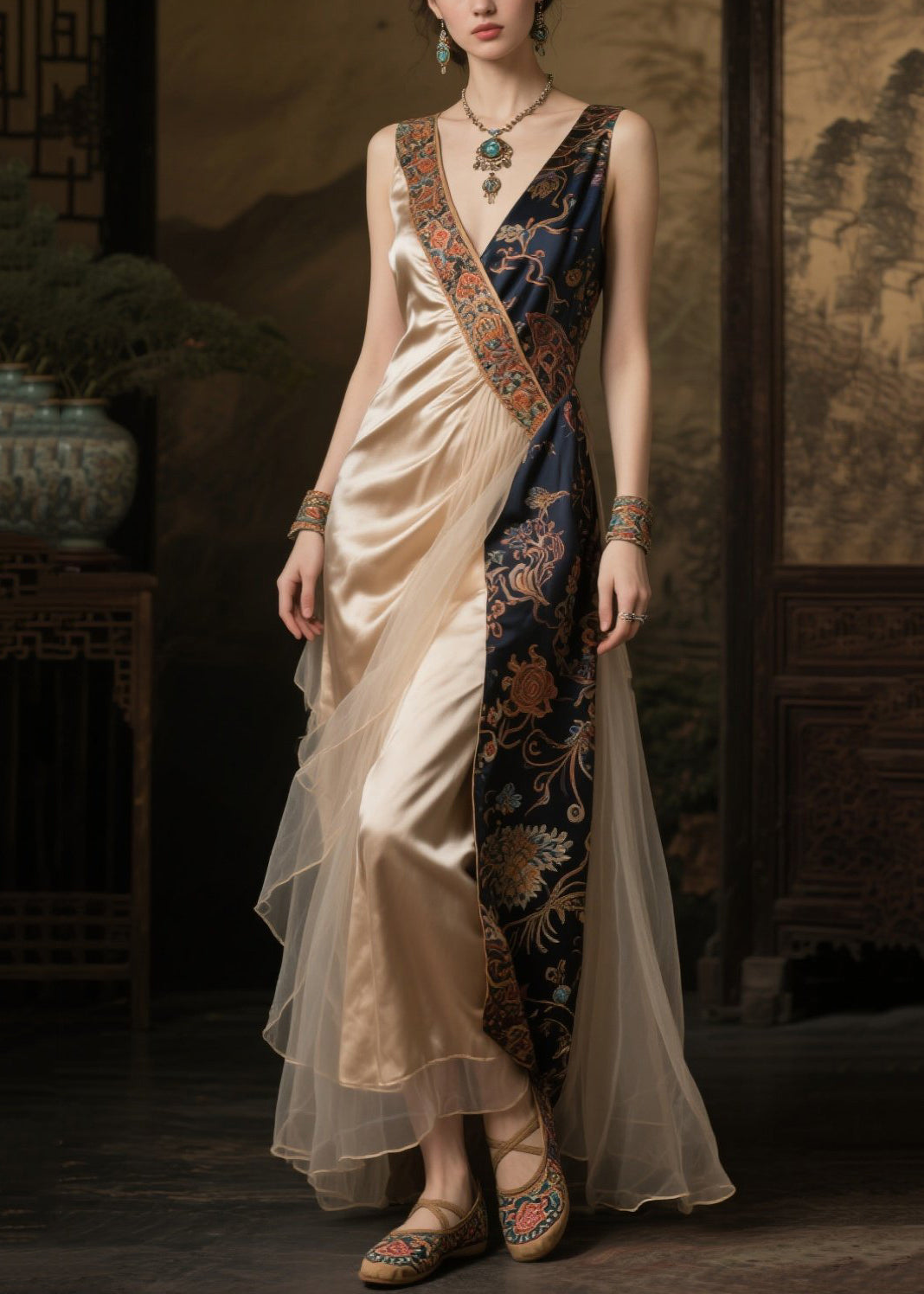 Women's Silk Patchwork Evening Dress Champagne - OutfitLondon