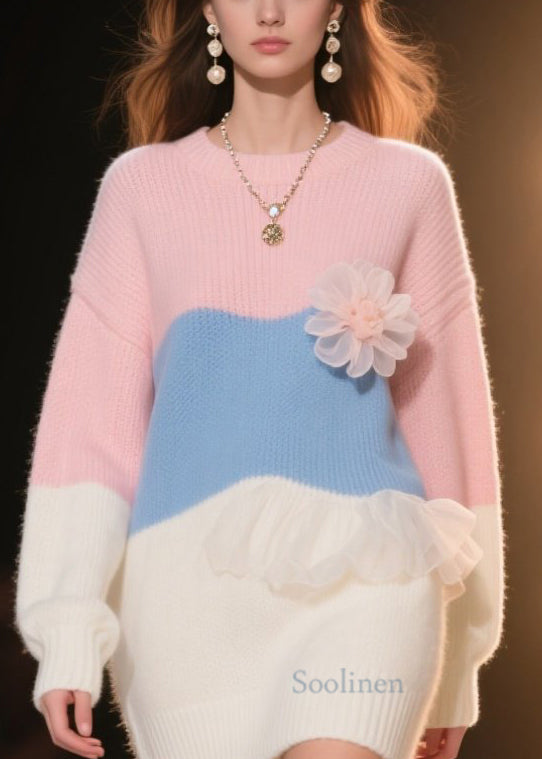 Women's Floral Sweater Dress Knit Ruffles Color Block - OutfitLondon