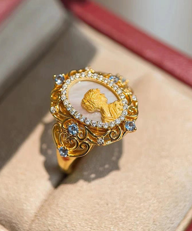 Women's Gold Sterling Silver Ring Zircon Cameo Filigree - OutfitLondon