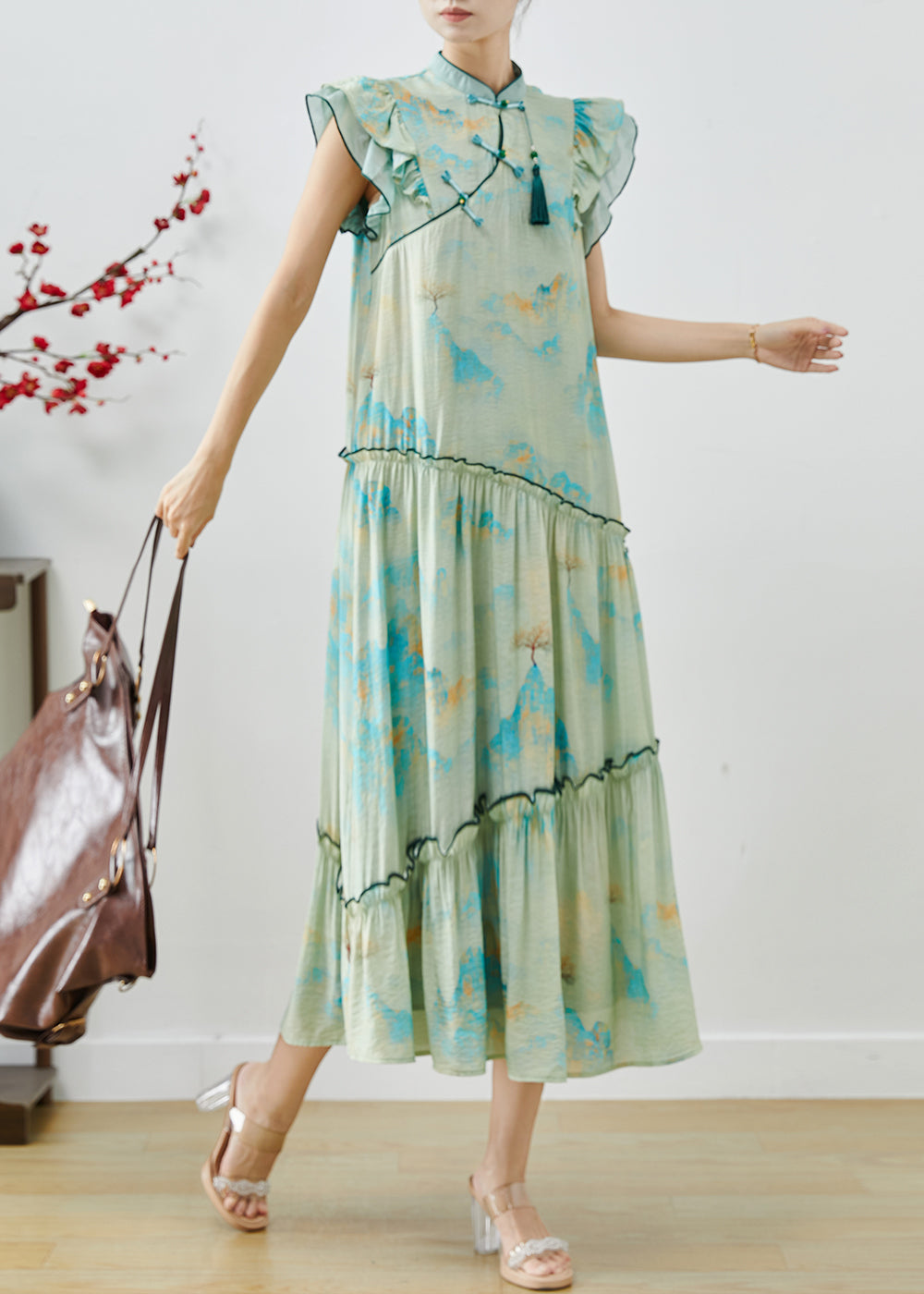Women's Silk Blend Maxi Dress Pom Pom Print Relaxed Fit - OutfitLondon