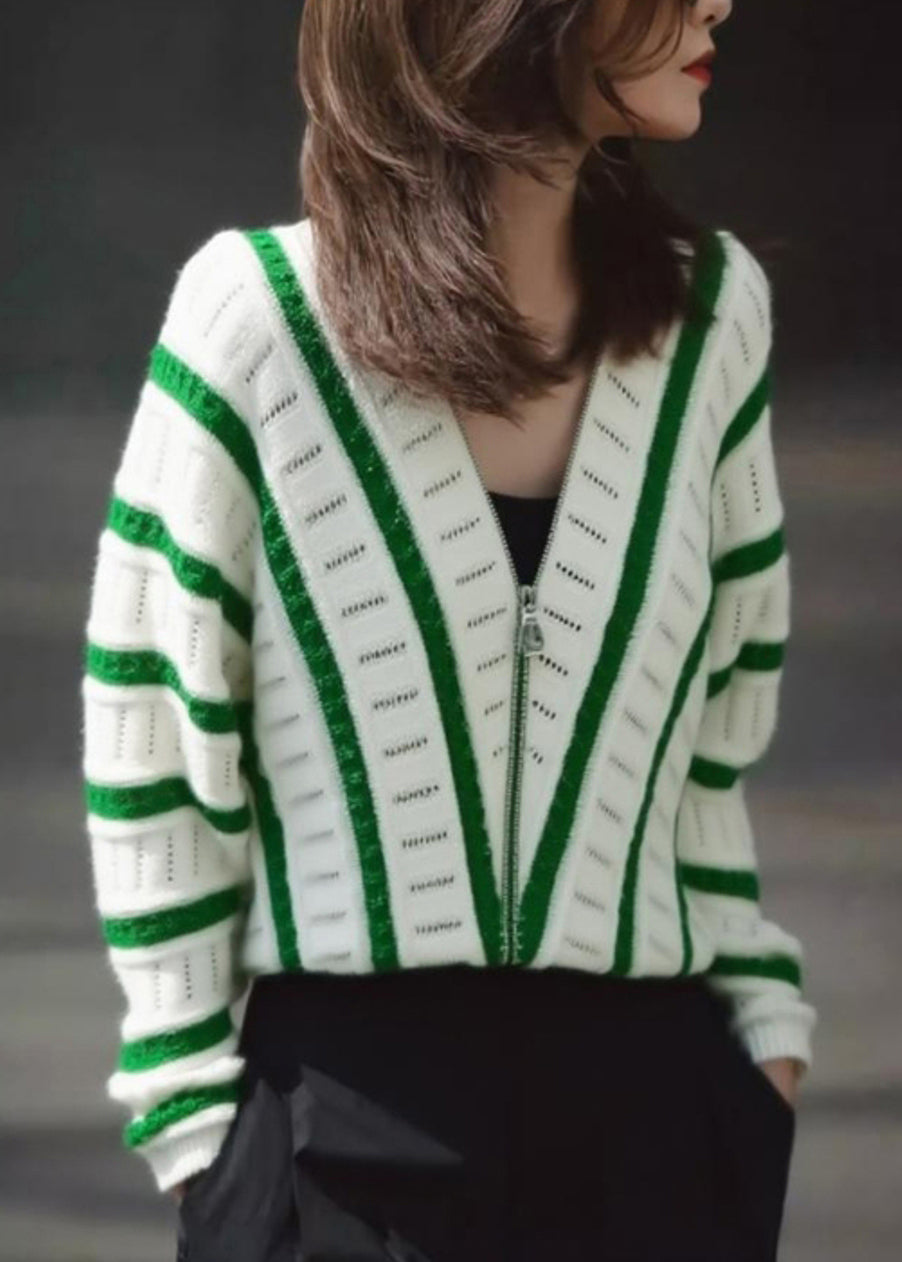 Women's Green Striped Knit V Neck Zip Shirt - OutfitLondon